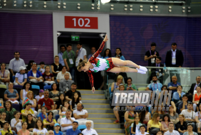 Bakı-2015 Avropa Oyunları çərçivəsində batut gimnastikası üzrə kişilər və qadınlar arasında təsnifat yarışları. Azərbaycan, 17 iyun 2015 